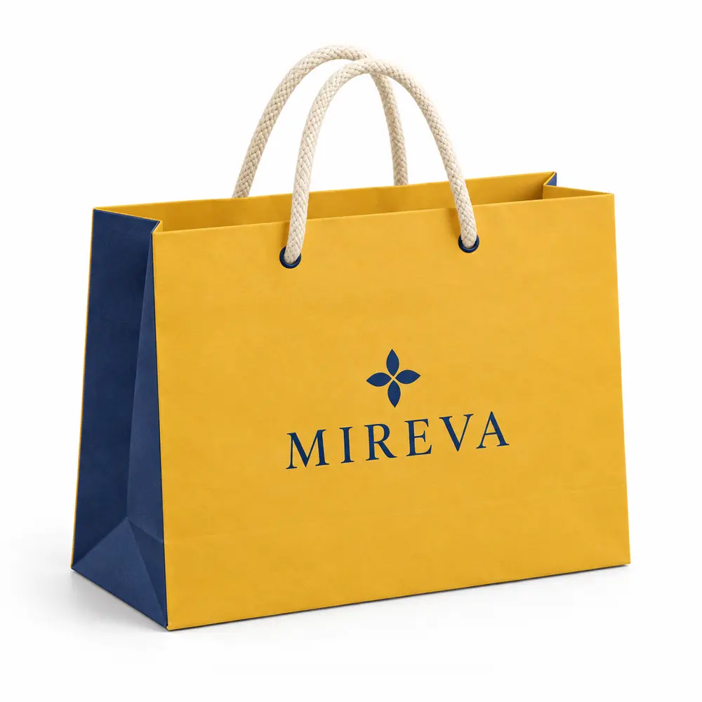 saffron yellow with ink blue accents cotton-cord shopping bags with MIREVA logo printing on a white background