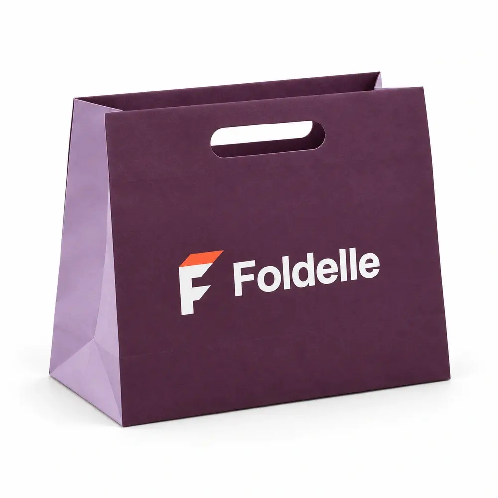 plum with lilac accents die-cut handle bags with Foldelle logo printing on a white background