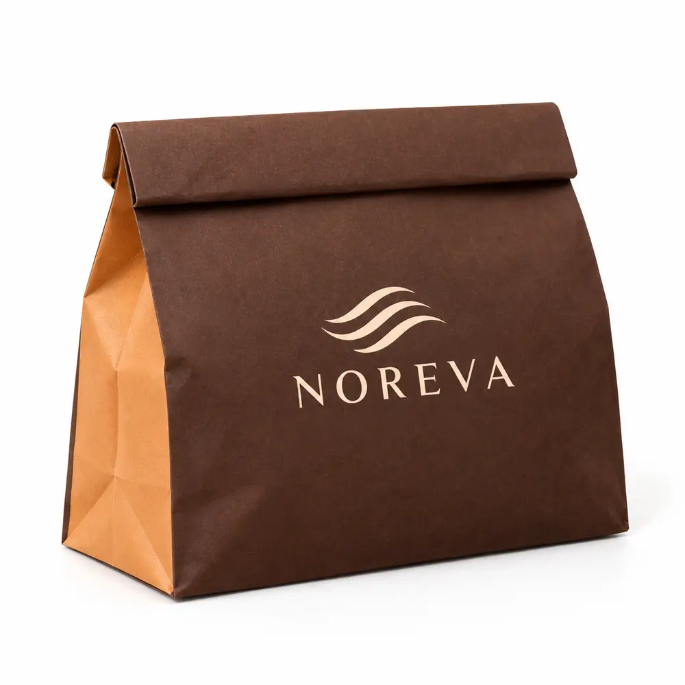 chocolate brown with apricot accents fold-top paper bags with NOREVA logo printing on a white background