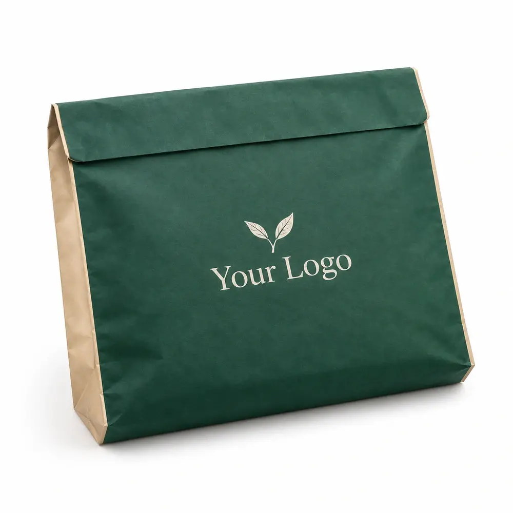 emerald with champagne accents paper dispatch bags with Your Logo logo printing on a white background