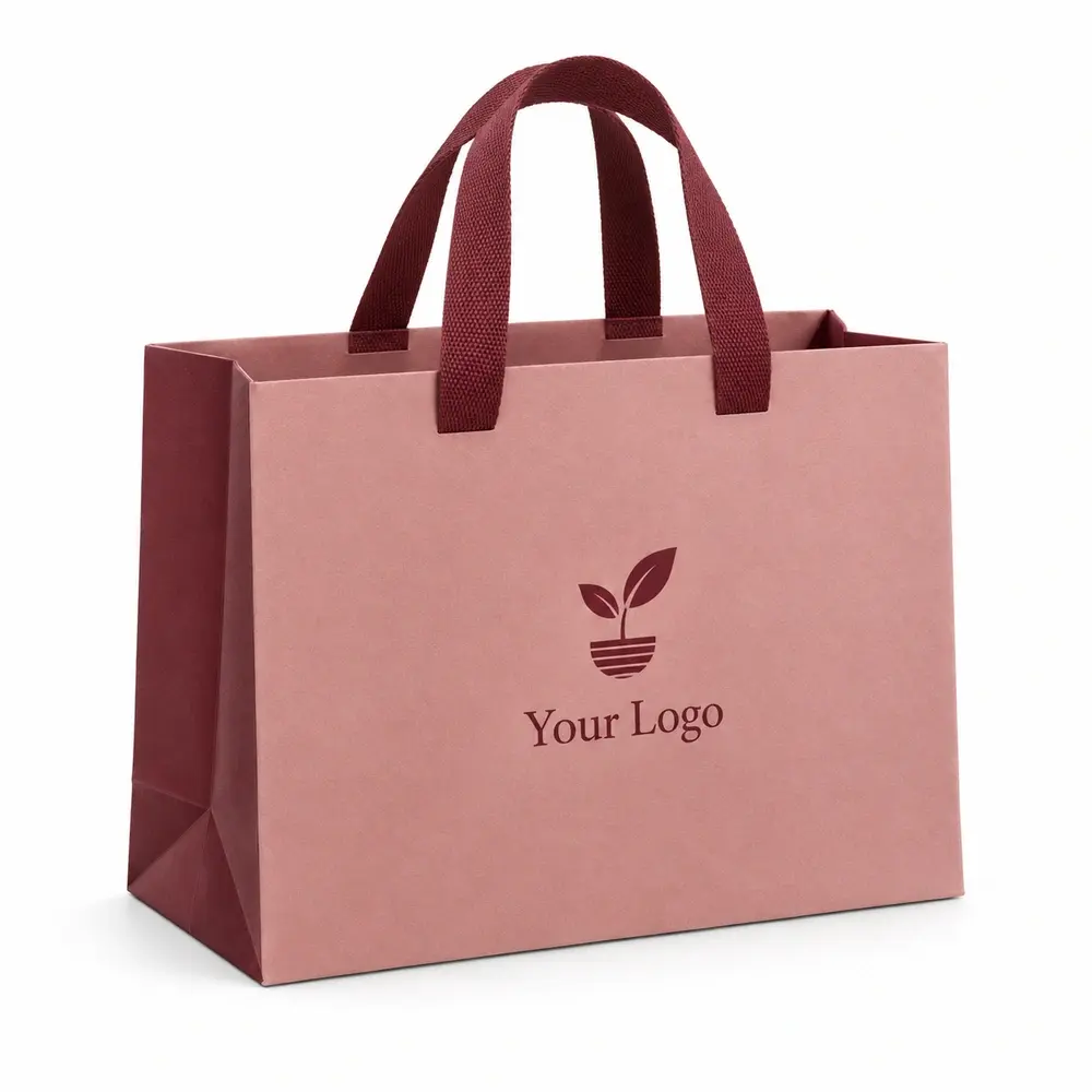 dusty rose with burgundy accents ribbon-handle gift bags with Your Logo logo printing on a white background