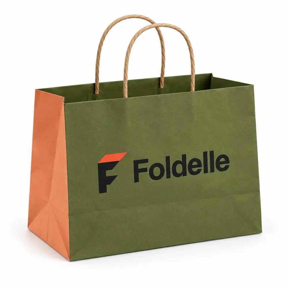 olive green with apricot accents twisted-paper handle bags with Foldelle logo printing on a white background