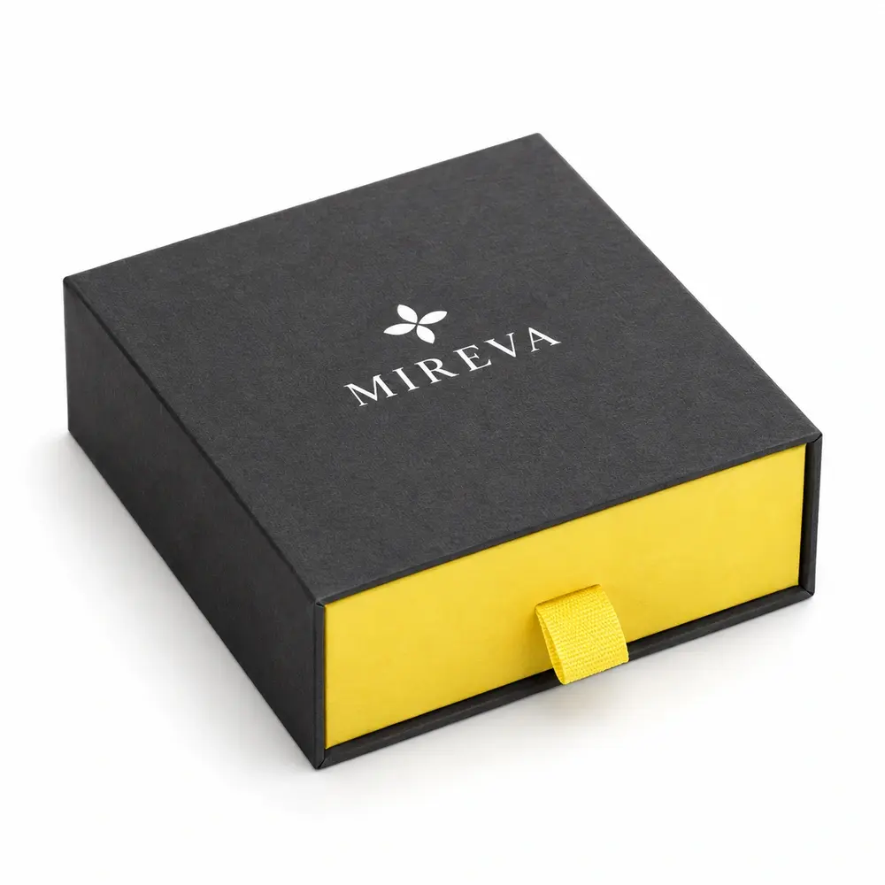 charcoal with lemon yellow accents drawer presentation boxes with MIREVA logo printing on a white background