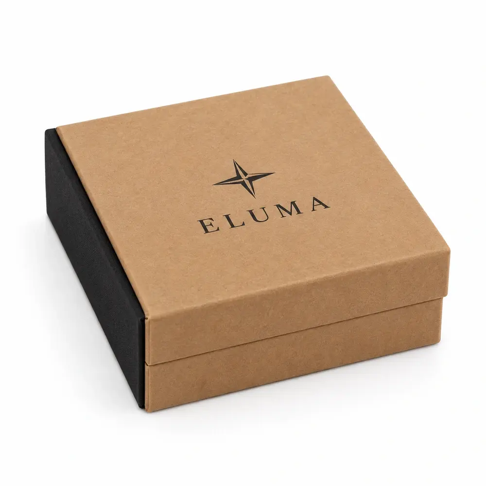 warm kraft brown with black accents hinged keepsake boxes with ELUMA logo printing on a white background