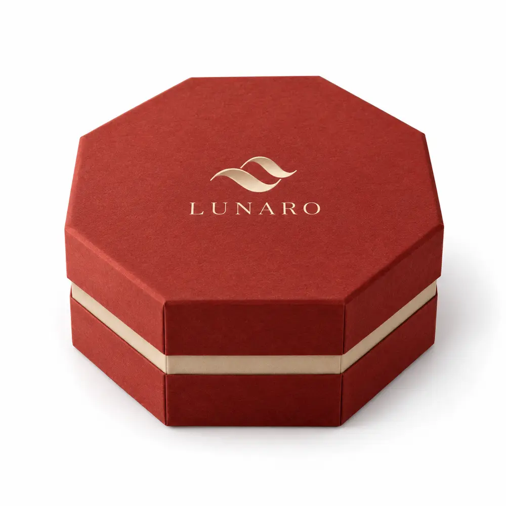 brick red with sand accents octagonal gift boxes with LUNARO logo printing on a white background