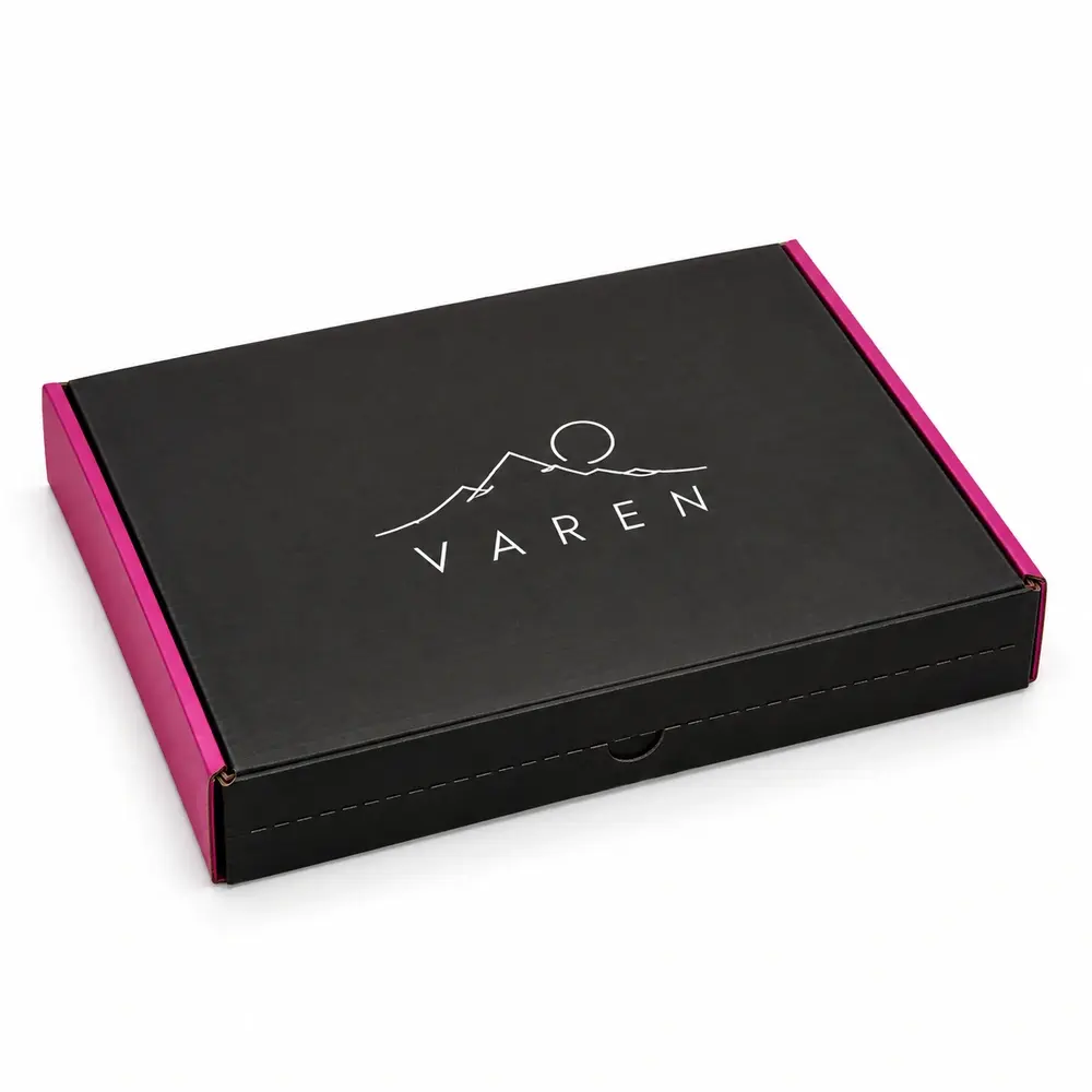 black with fuchsia accents resealable mailer boxes with VAREN logo printing on a white background