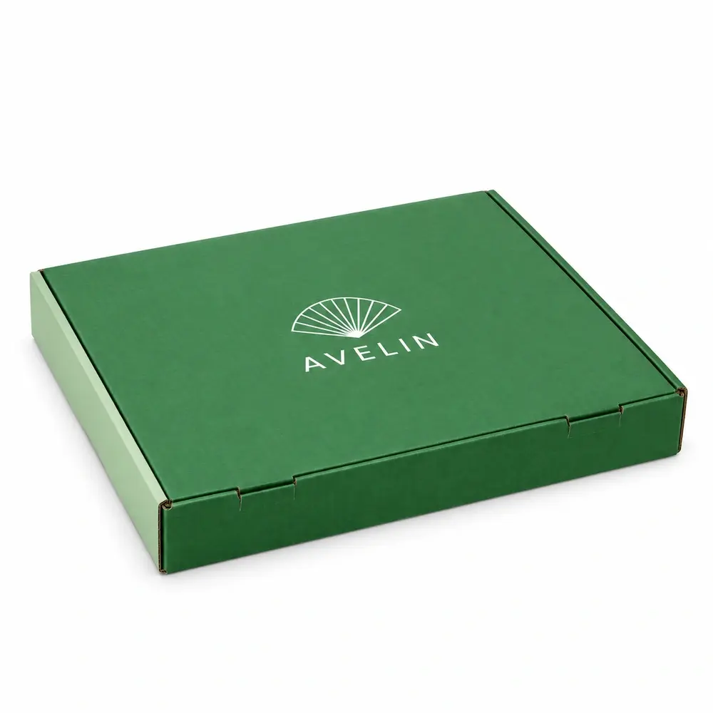 grass green with pale mint accents roll-end mailer boxes with AVELIN logo printing on a white background