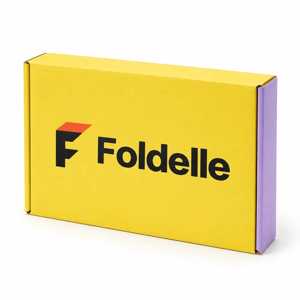 lemon yellow with lilac accents side-loading mailers with Foldelle logo printing on a white background