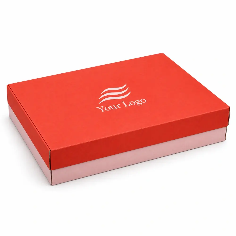 vermillion with pale pink accents two-piece postal boxes with Your Logo logo printing on a white background