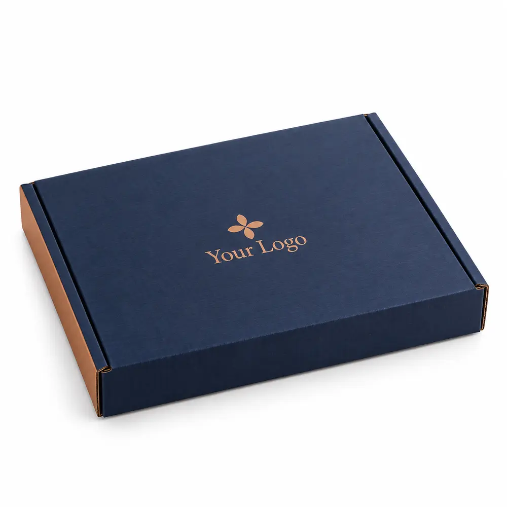 navy with copper accents wraparound mailers with Your Logo logo printing on a white background