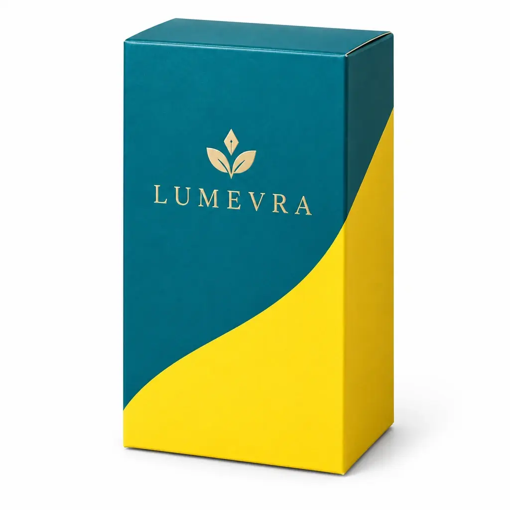 teal and yellow rectangular auto-lock bottom carton with LUMEVRA logo printing on a white background