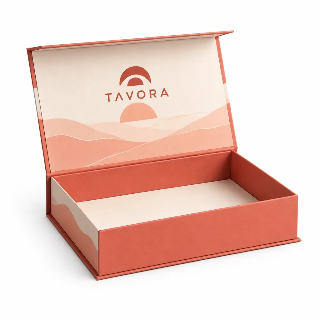 coral and cream landscape book-style magnetic box with TAVORA logo printing on a white background