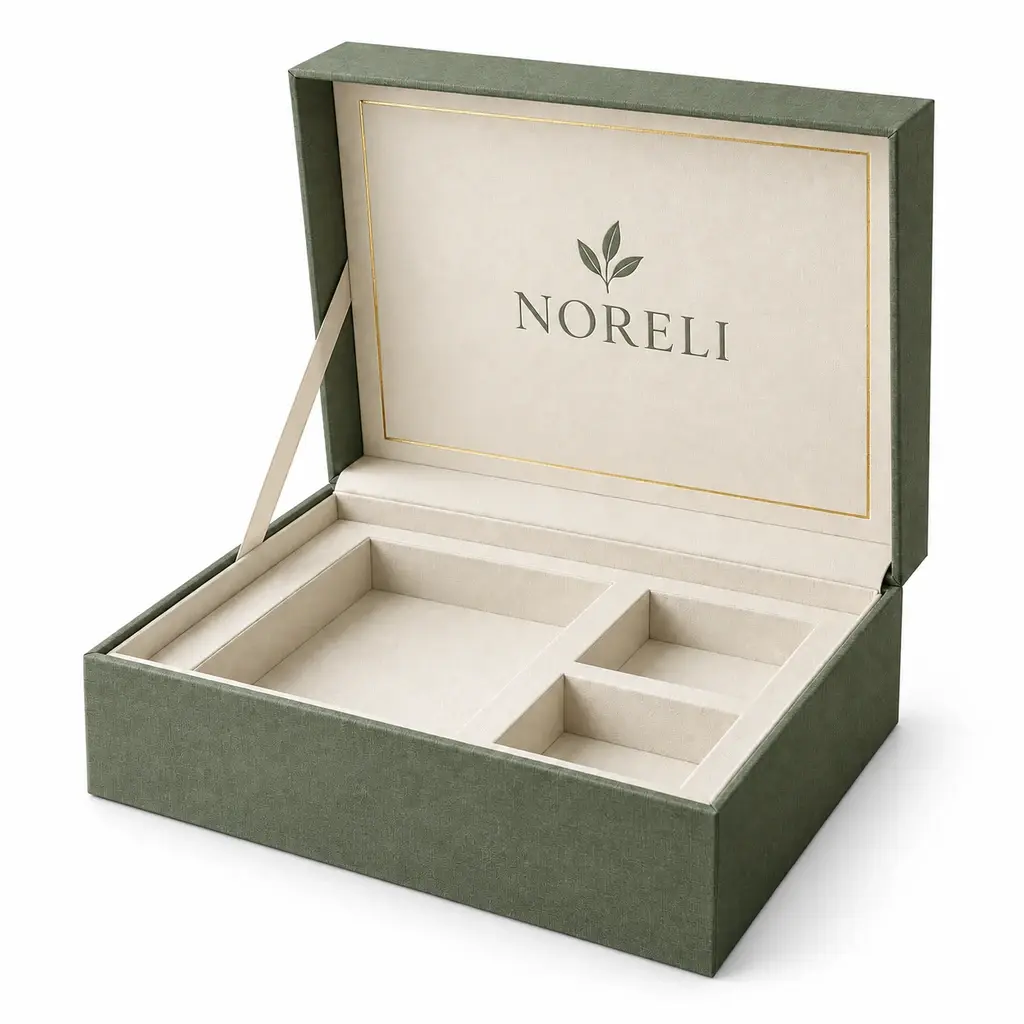 sage green and ivory hinged book-style rigid box with NORELI logo printing on a white background