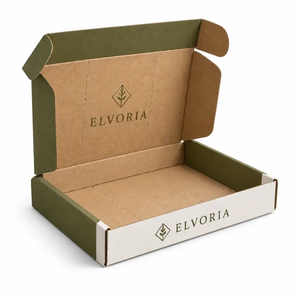 olive and white variable-depth wraparound mailer with ELVORIA logo printing on a white background
