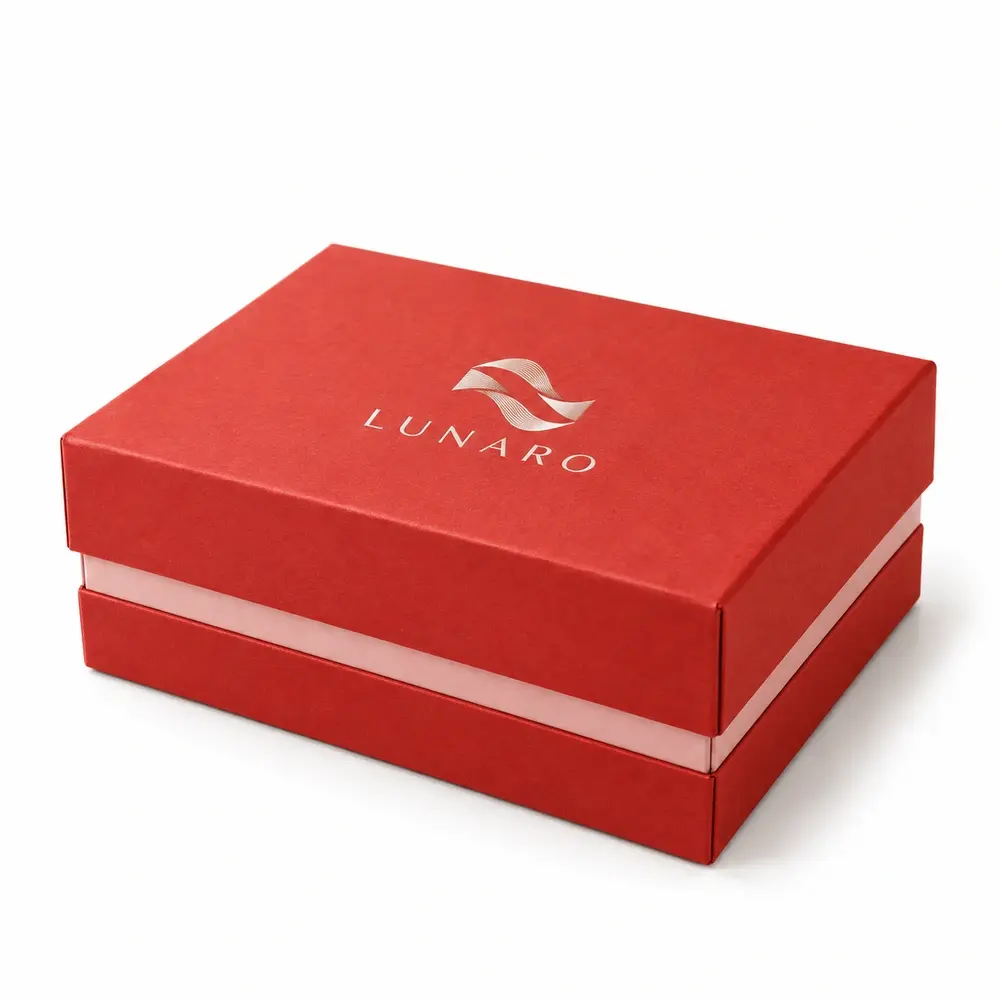 vermillion with pale pink accents folding lid & base cartons with LUNARO logo printing on a white background