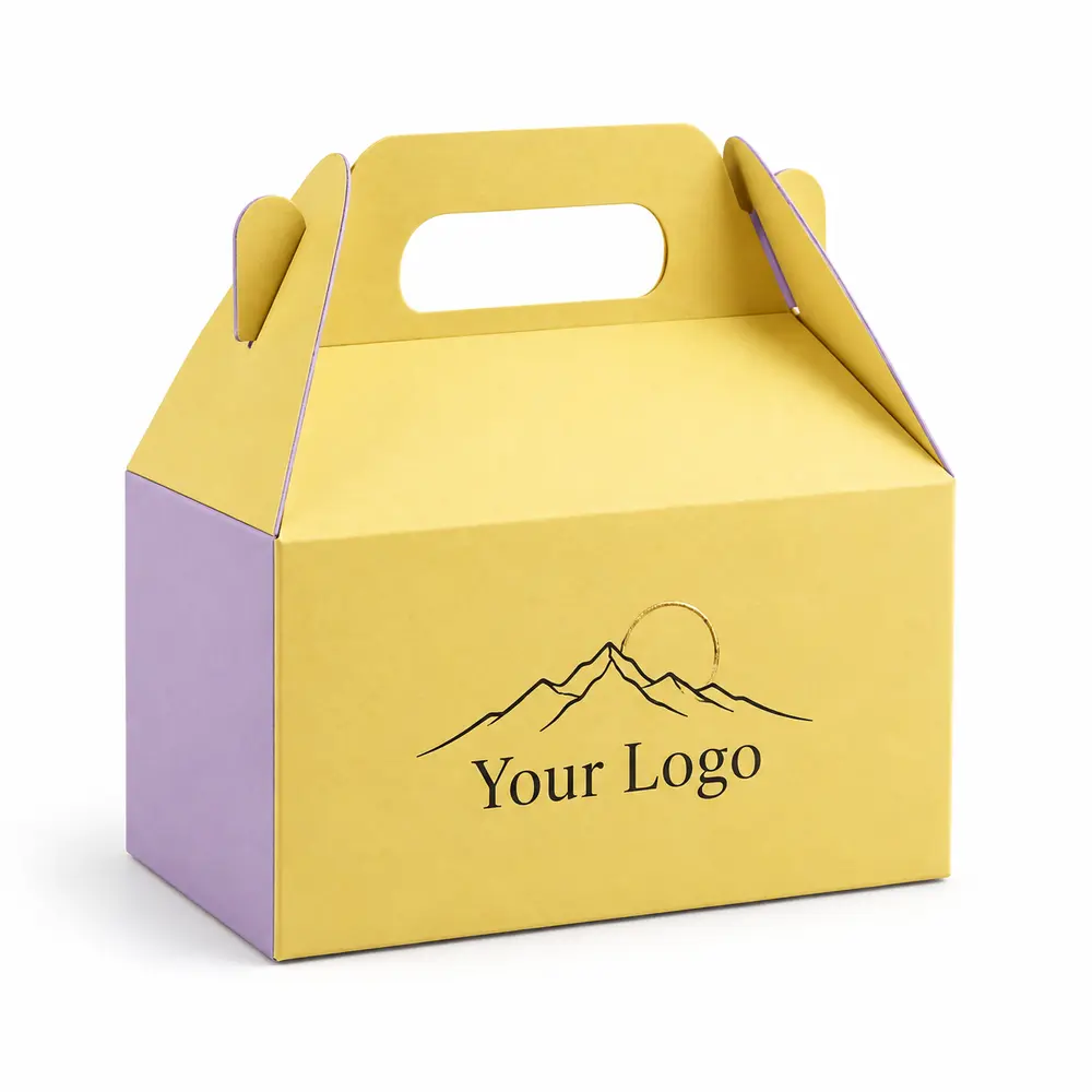 lemon yellow with lilac accents gable gift cartons with Your Logo logo printing on a white background