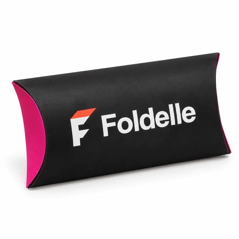 black with fuchsia accents pillow packs with Foldelle logo printing on a white background
