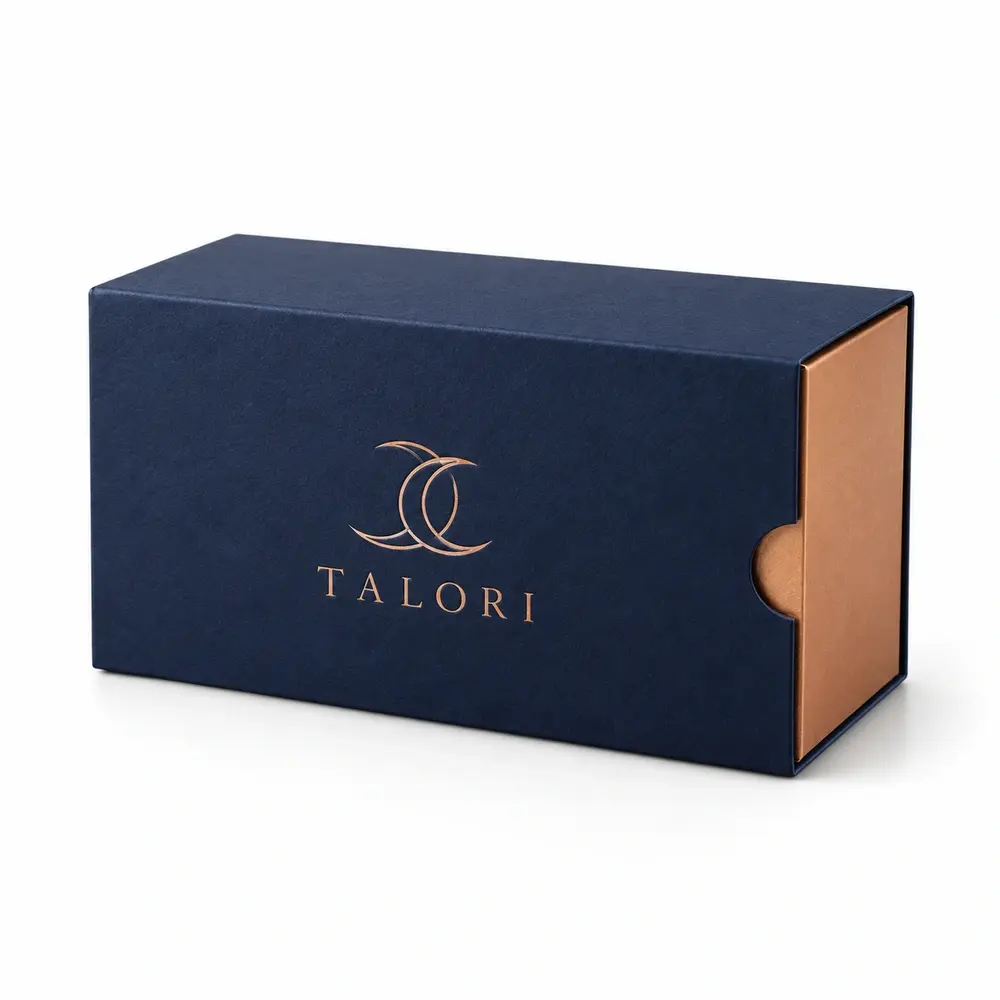 navy with copper accents sleeve & tray cartons with TALORI logo printing on a white background