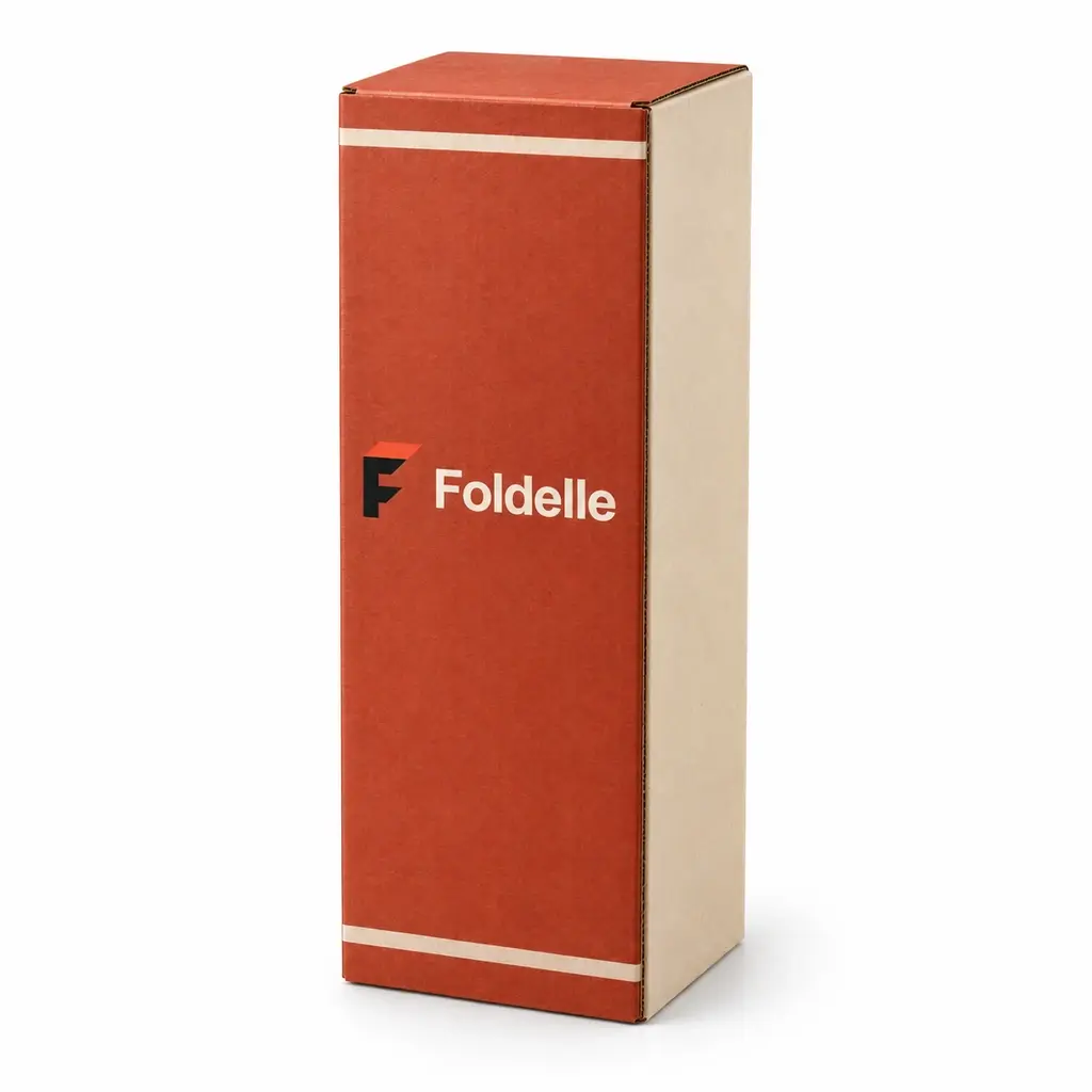 brick red and cream tall corrugated bottle shipping carton with Foldelle logo printing on a white background