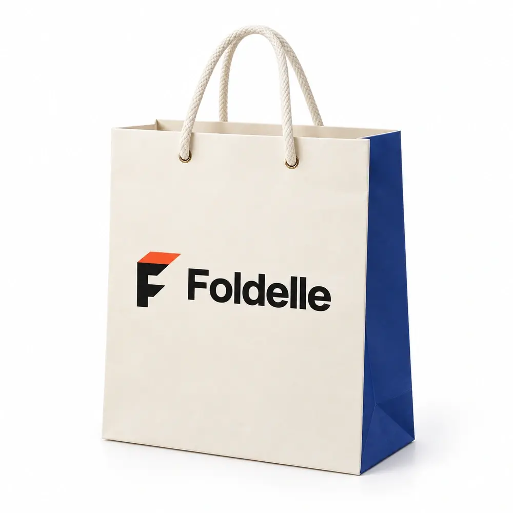 cream with royal blue accents cotton-cord shopping bags with Foldelle logo printing on a white background