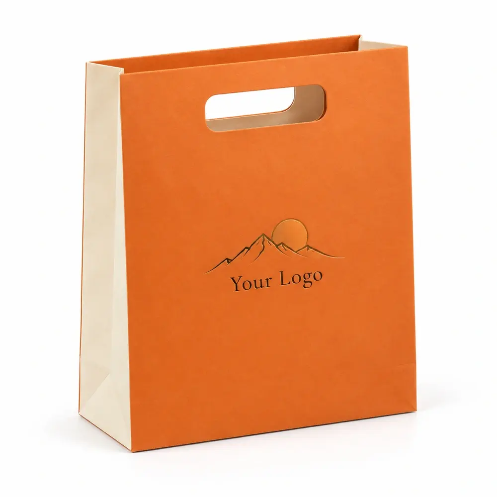tangerine with cream accents die-cut handle bags with Your Logo logo printing on a white background