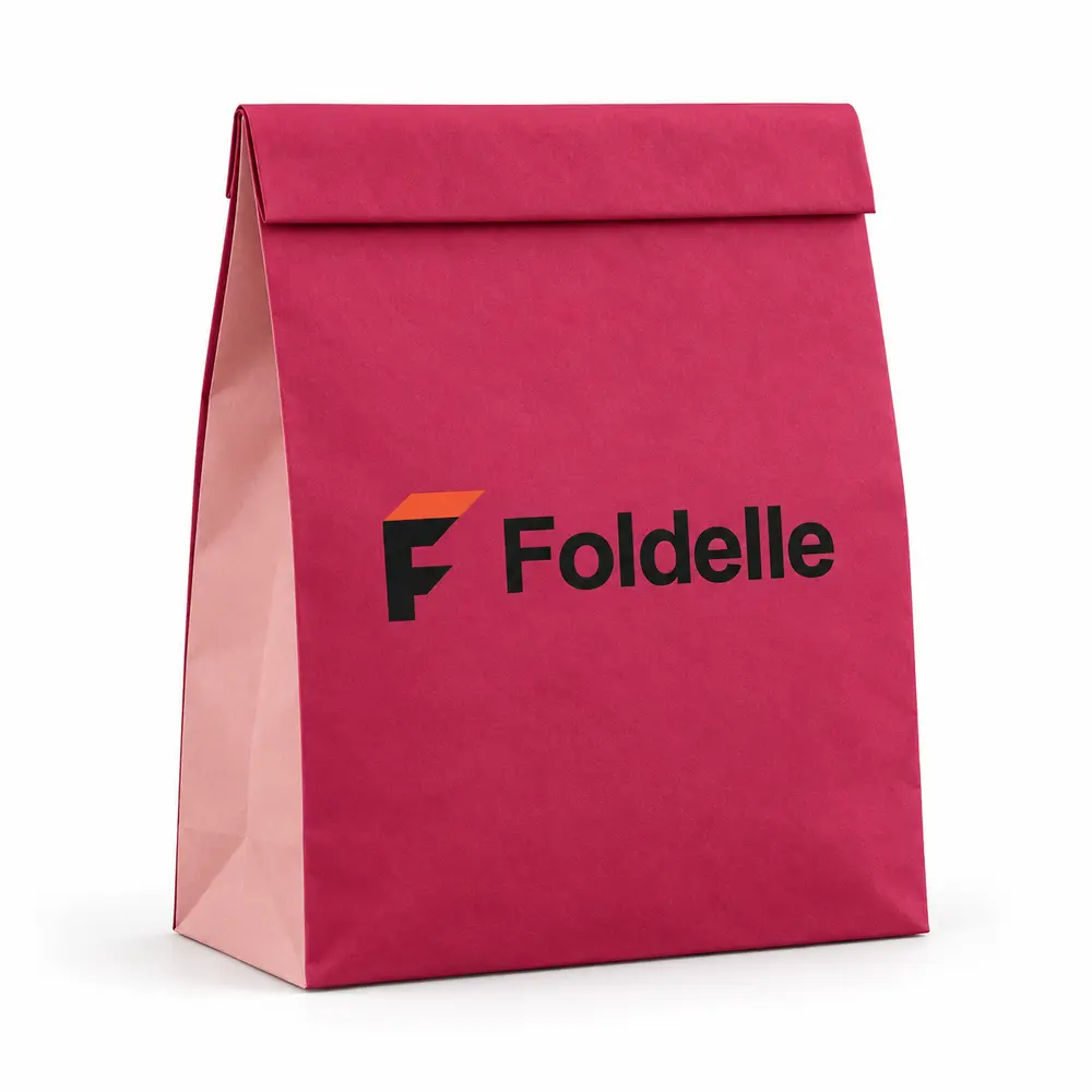 raspberry with blush accents fold-top paper bags with Foldelle logo printing on a white background