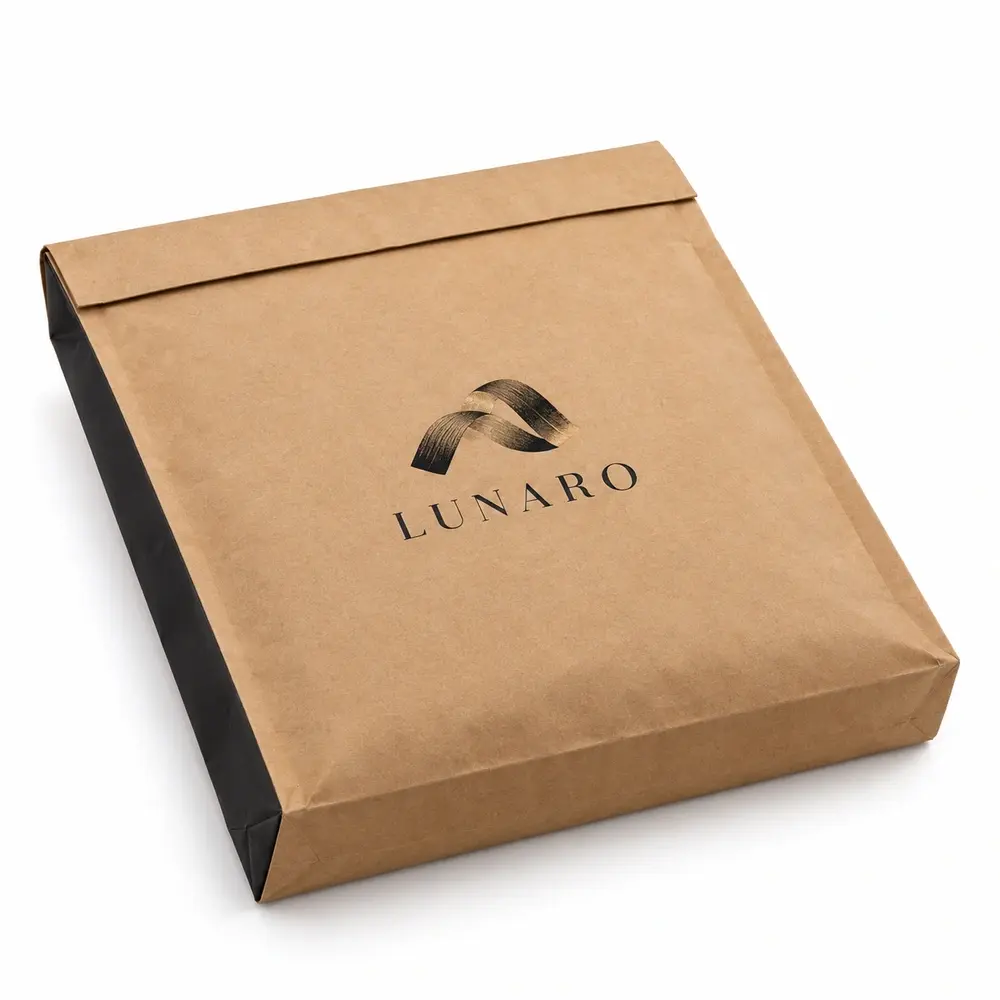 warm kraft brown with black accents paper dispatch bags with LUNARO logo printing on a white background