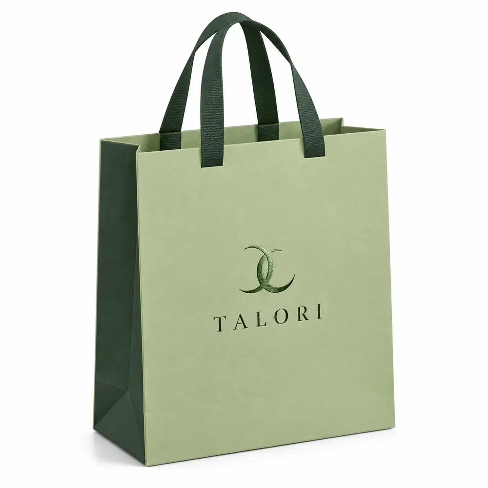 pistachio with forest green accents ribbon-handle gift bags with TALORI logo printing on a white background