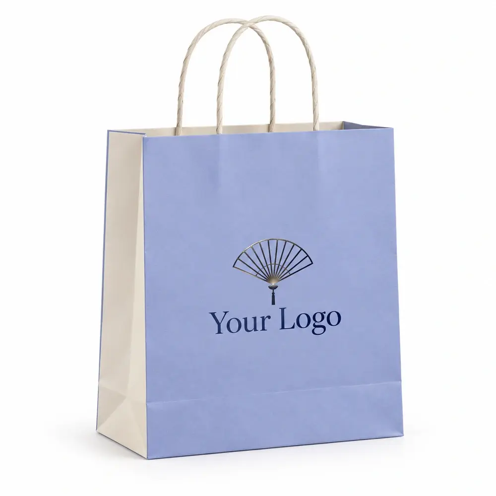 periwinkle with ivory accents twisted-paper handle bags with Your Logo logo printing on a white background