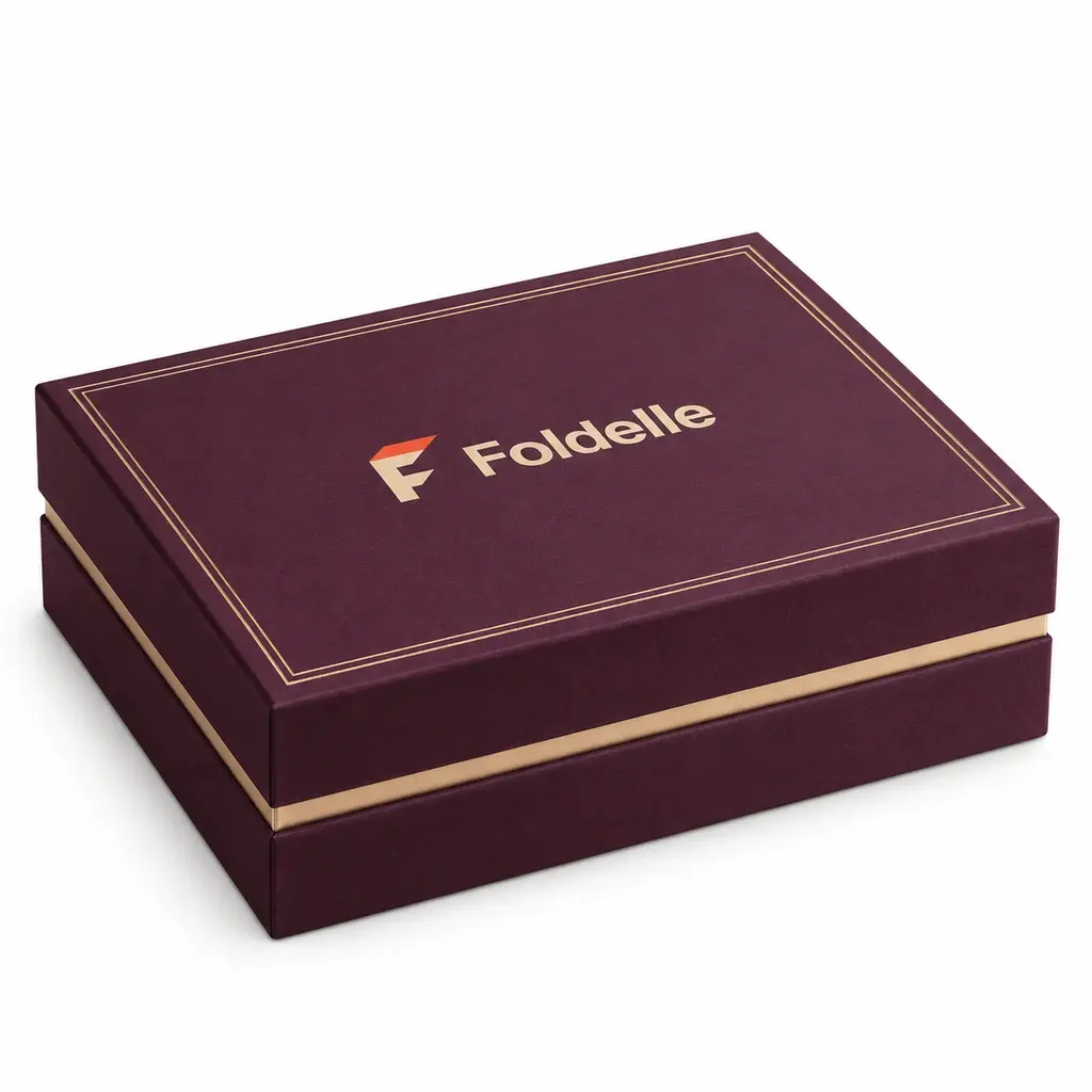 aubergine and champagne low rectangular shoulder-neck jewelry box with Foldelle logo printing on a white background