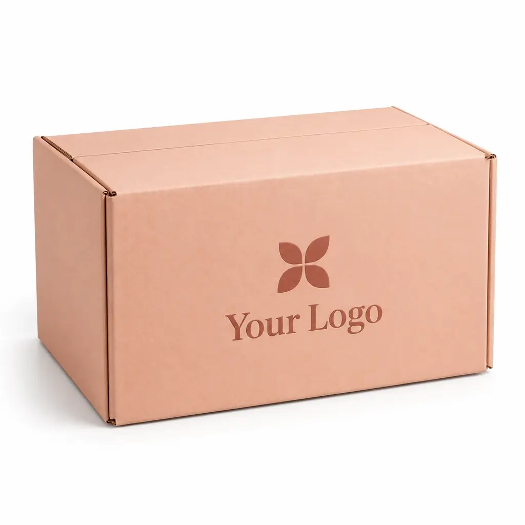 peach partitioned shipper with Your Logo logo printing on a white background