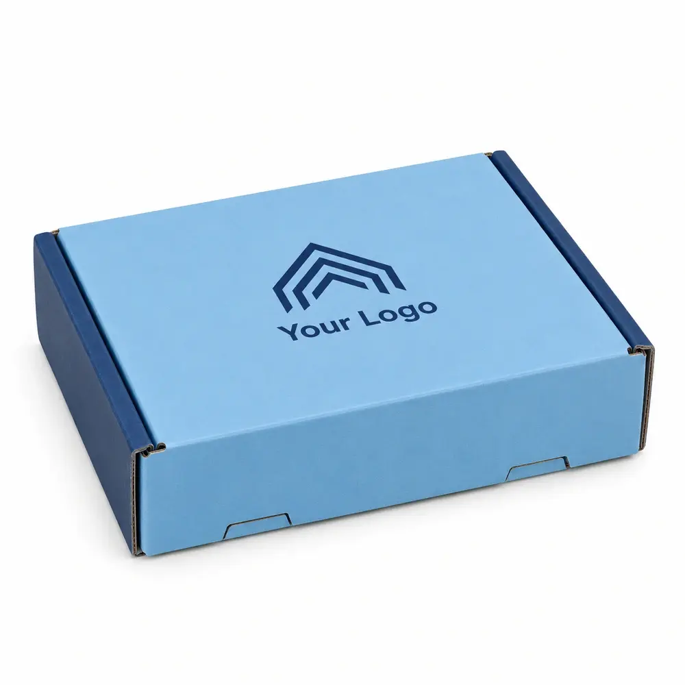 sky blue with navy accents roll-end mailer boxes with Your Logo logo printing on a white background