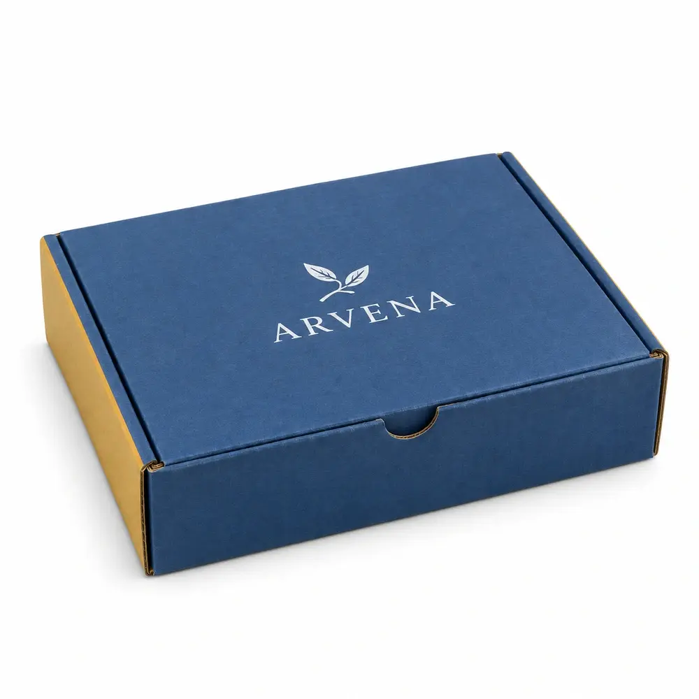 denim blue with ochre accents tabbed subscription mailers with ARVENA logo printing on a white background