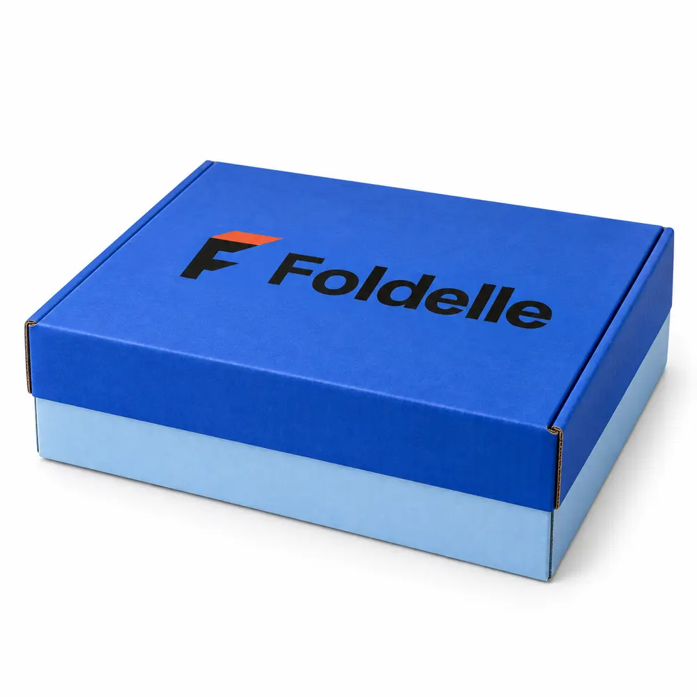 cobalt blue with ice blue accents two-piece postal boxes with Foldelle logo printing on a white background