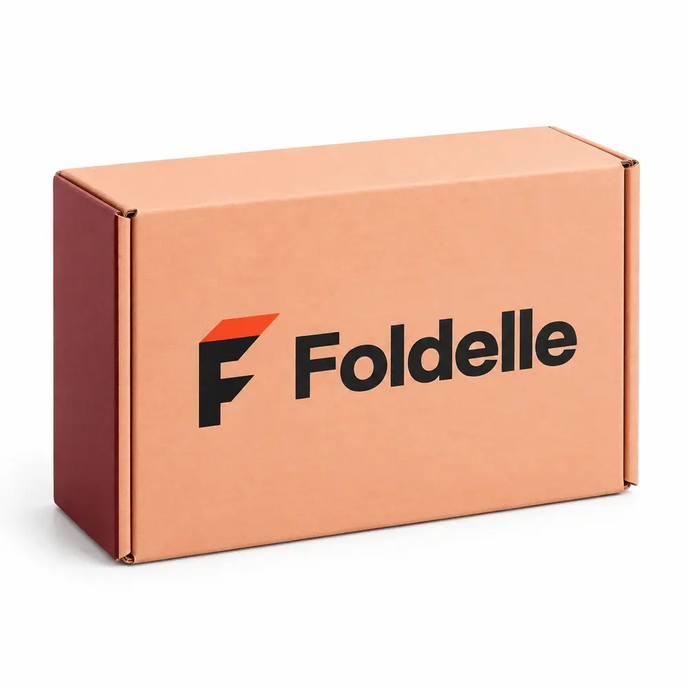 peach with burgundy accents wraparound mailers with Foldelle logo printing on a white background