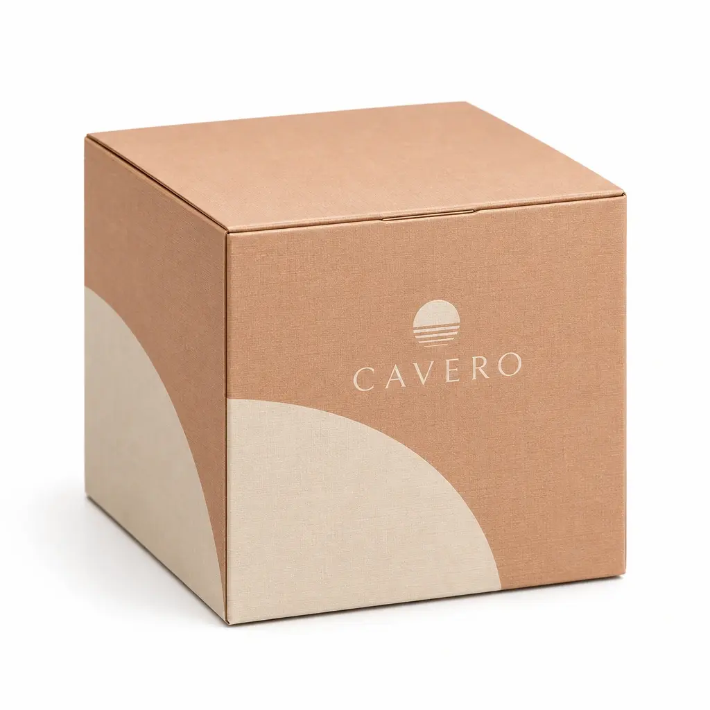 apricot and cream cube-format hinged magnetic gift box with CAVERO logo printing on a white background