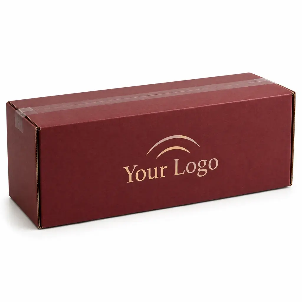 burgundy partitioned shipper with Your Logo logo printing on a white background
