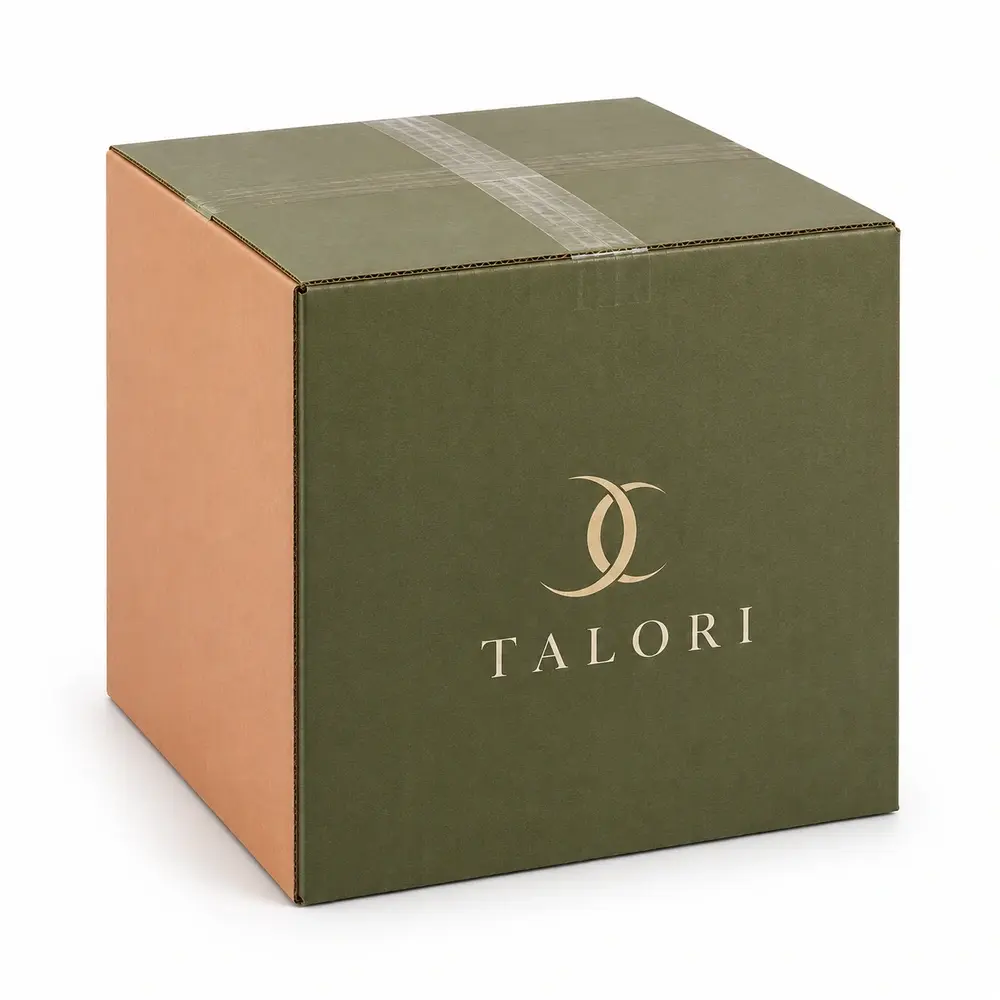 olive green with apricot accents divided transit cartons with TALORI logo printing on a white background