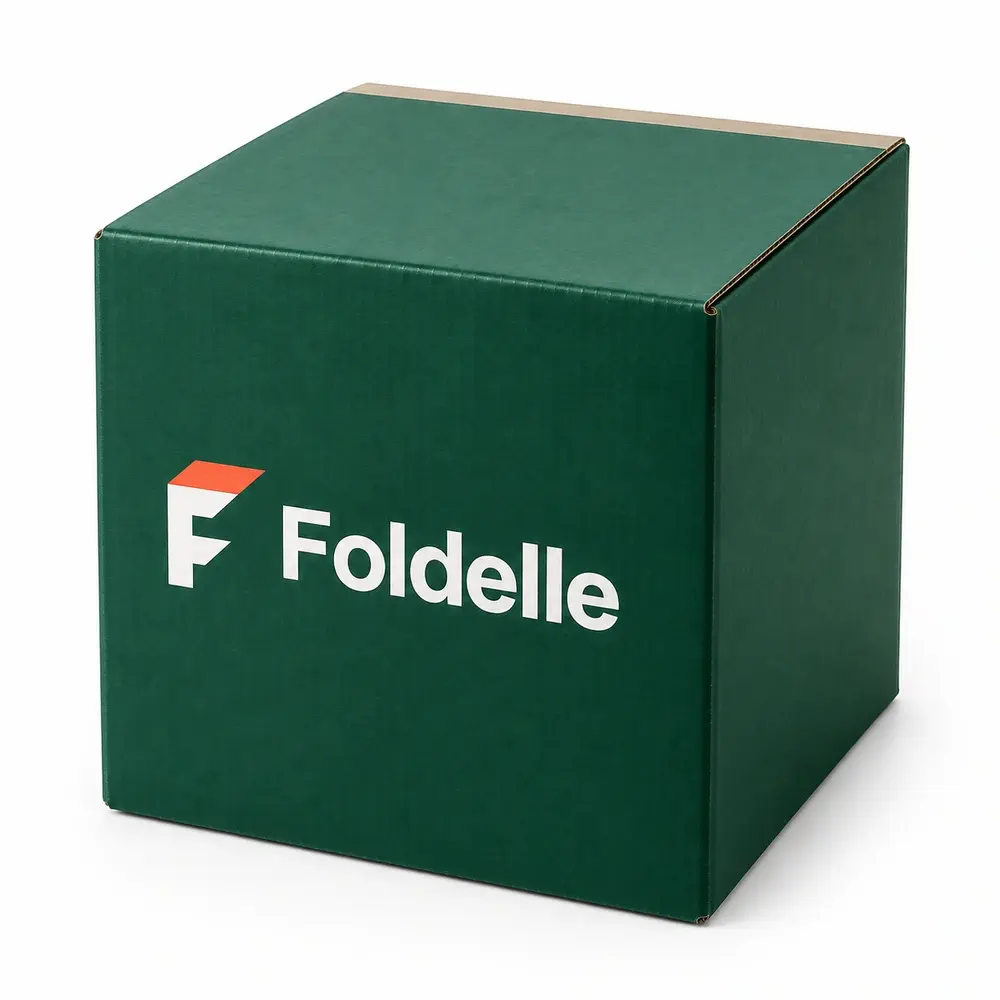 emerald with champagne accents full-overlap shippers with Foldelle logo printing on a white background