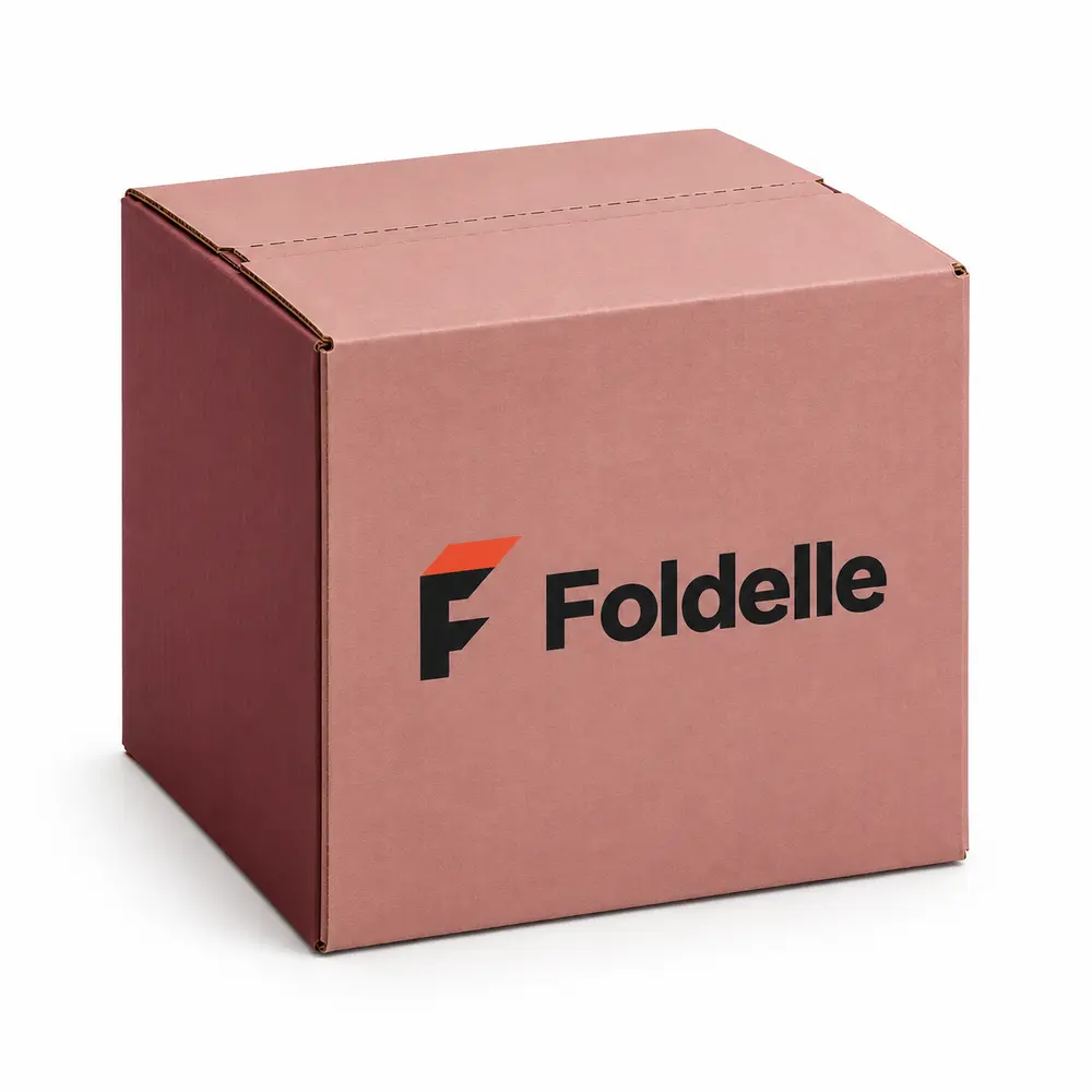 dusty rose with burgundy accents return shipping cartons with Foldelle logo printing on a white background