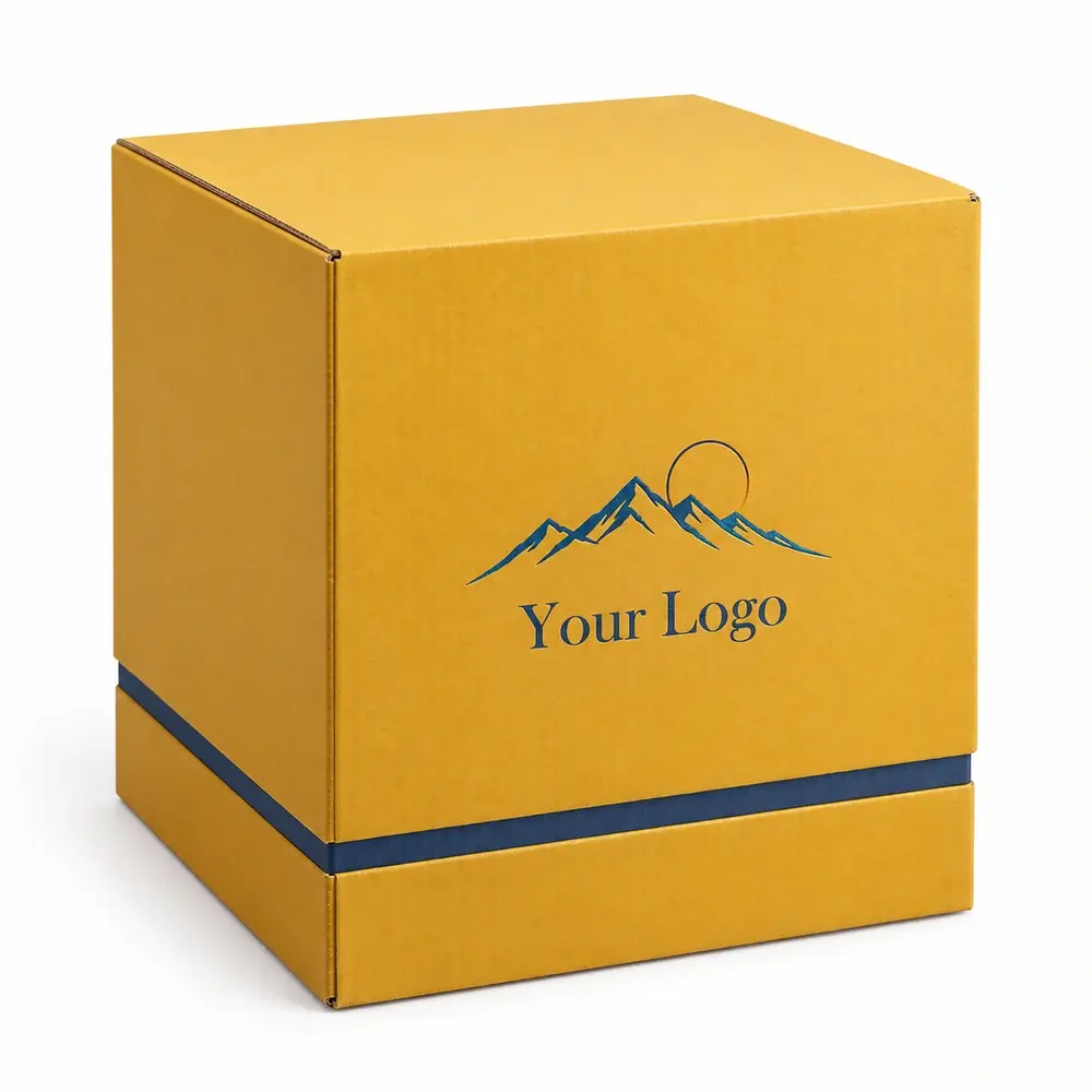 saffron yellow with ink blue accents telescoping shipping boxes with Your Logo logo printing on a white background