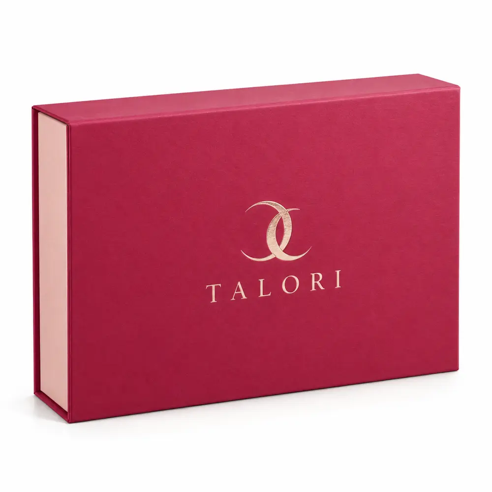 raspberry with blush accents collapsible magnetic boxes with TALORI logo printing on a white background