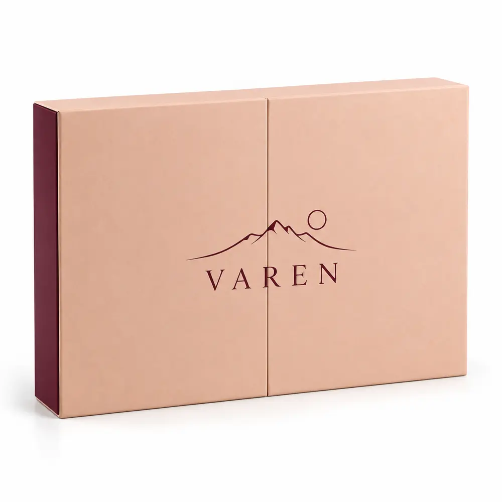 peach with burgundy accents double-door gift boxes with VAREN logo printing on a white background