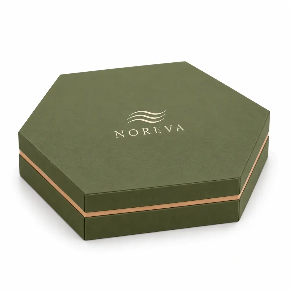 olive green with apricot accents hexagonal magnetic boxes with NOREVA logo printing on a white background