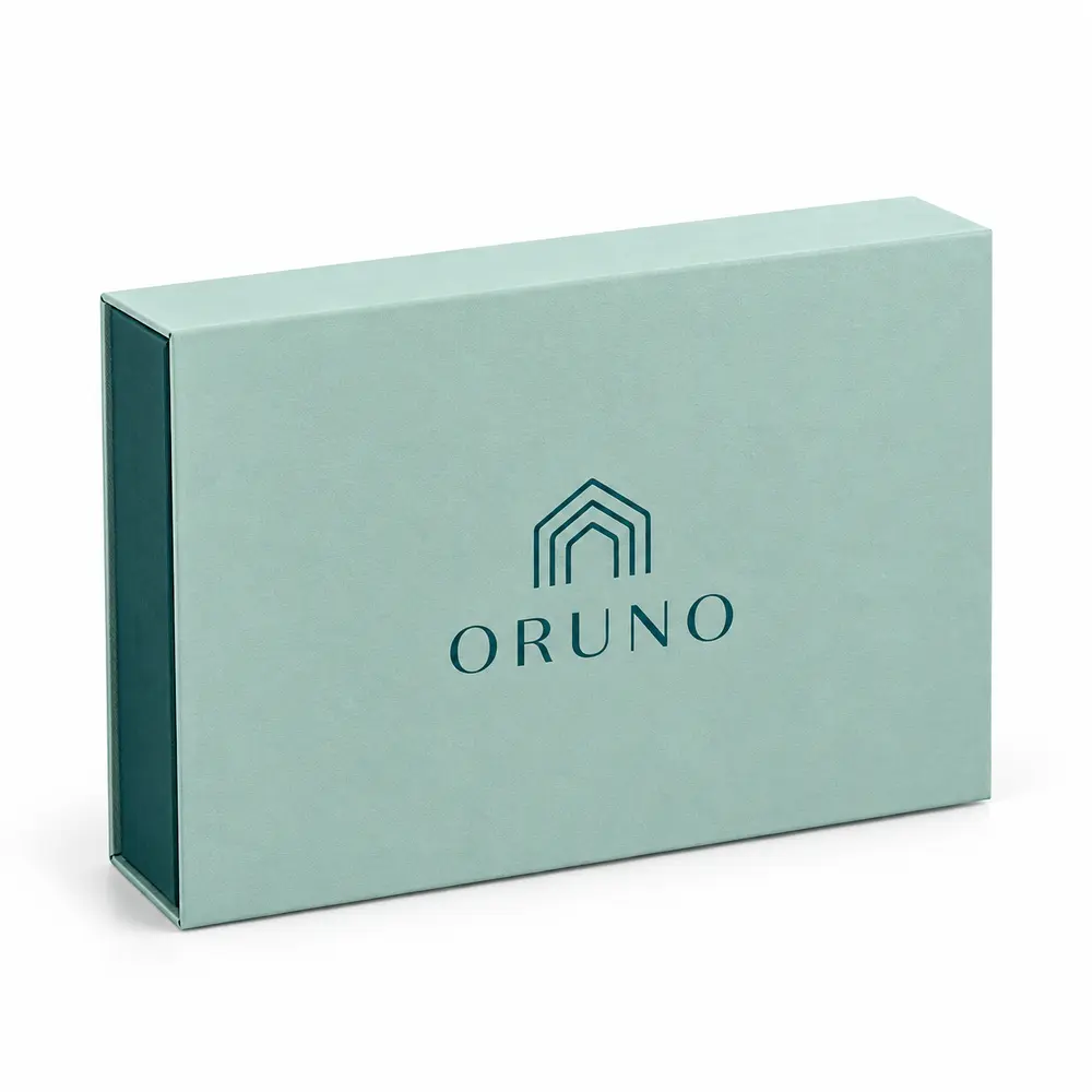 seafoam with deep teal accents magnetic book boxes with ORUNO logo printing on a white background