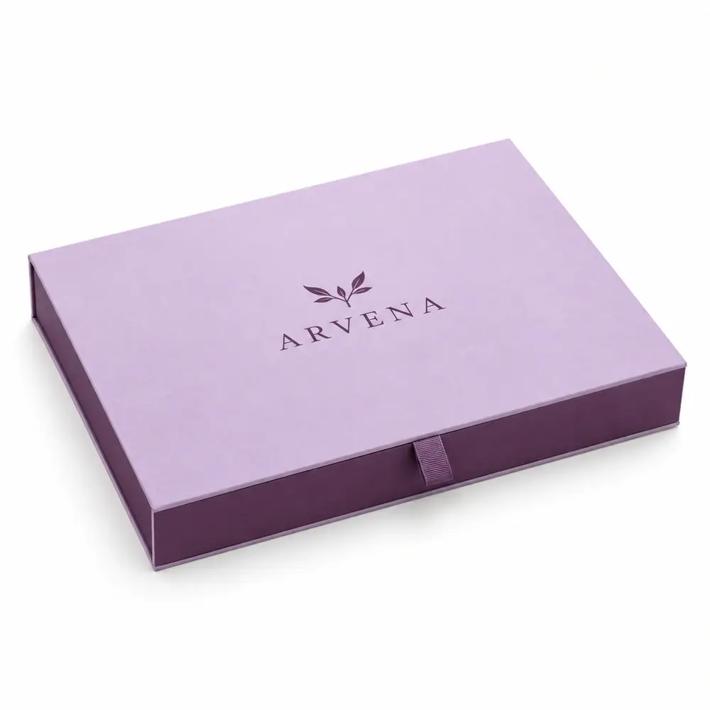 powder lilac with aubergine accents ribbon magnetic presentation boxes with ARVENA logo printing on a white background
