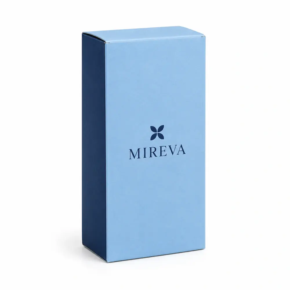 sky blue with navy accents auto-lock base cartons with MIREVA logo printing on a white background