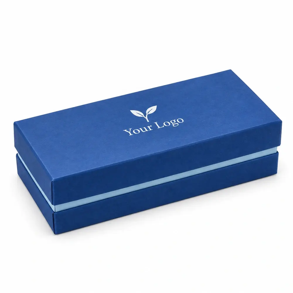 cobalt blue with ice blue accents folding lid & base cartons with Your Logo logo printing on a white background