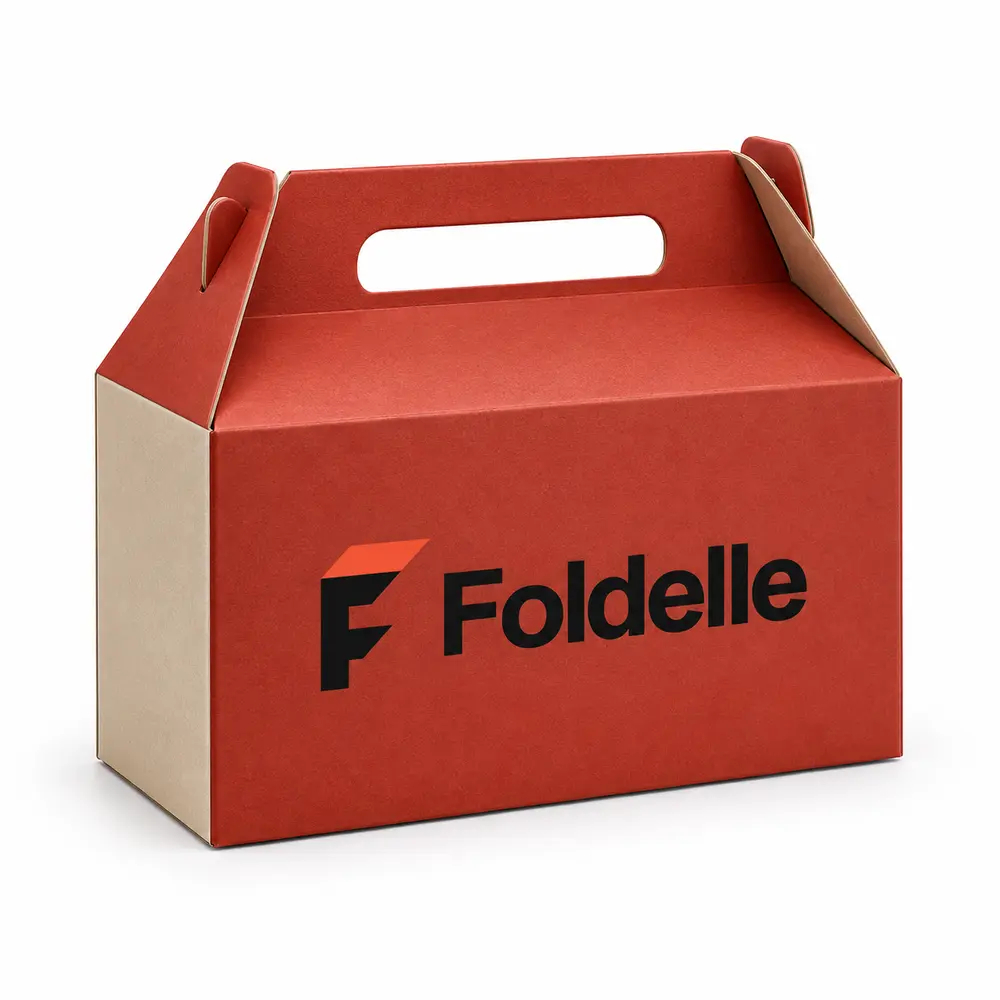 brick red with sand accents gable gift cartons with Foldelle logo printing on a white background