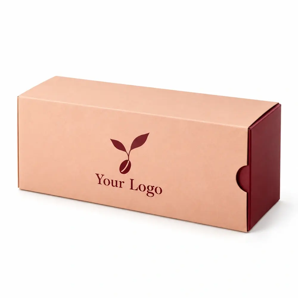 peach with burgundy accents sleeve & tray cartons with Your Logo logo printing on a white background
